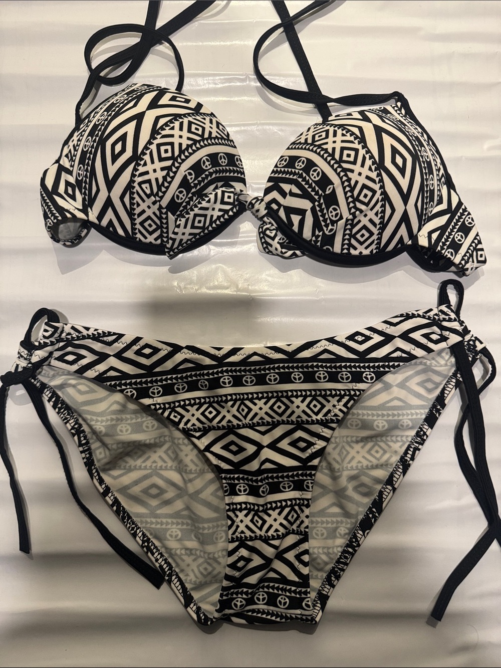 Black & White Geometric Tie-Side Bikini Set - Women Swim